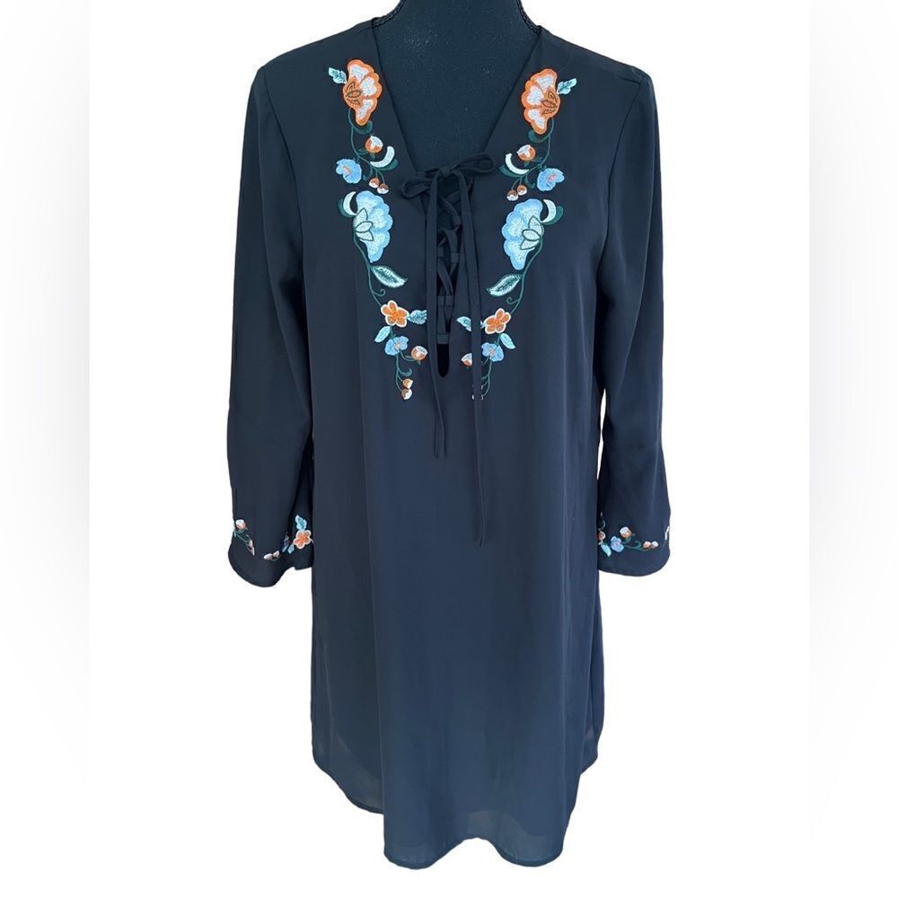 Anthropologie Bleuh Ciel black shift style dress, lace up front with embroidery